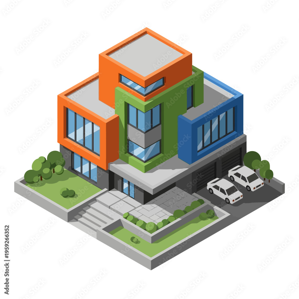 Fototapeta premium A vibrant, modern, multi-story residential house with a striking geometric design, featuring colorful facades and large windows, set in a landscaped garden with a driveway and cars.