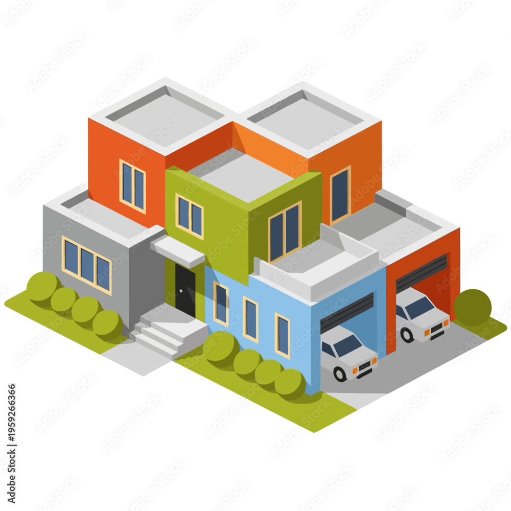 Fototapeta premium Modern Isometric House Design with Colorful Sections and Attached Garages.