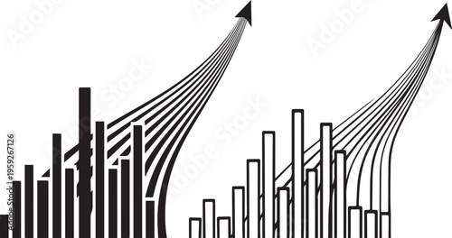 Financial growth bar chart with upward arrows, business success data visualization, black and white vector graph showing market progress and profit