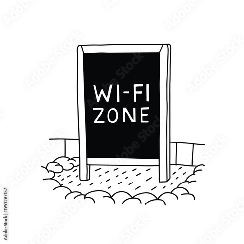 Black and white illustration of a sign advertising a Wi-Fi zone, indicating wireless internet access