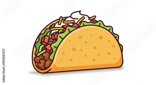 Delicious taco with seasoned ground beef lettuce tomatoes and sour cream on a yellow corn tortilla shell