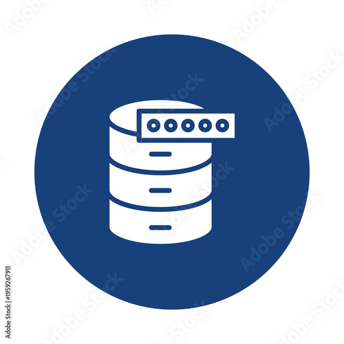 A blue circular icon depicting a secured database server with a password field for data protection isolated on transparent background