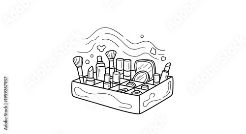 Hand-drawn illustration of a makeup organizer filled with cosmetics, brushes, and a mirror.