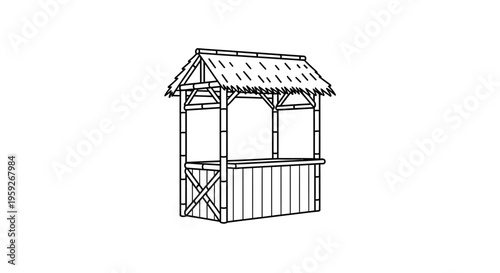 Hand-drawn illustration of a rustic thatched roof market stall or kiosk