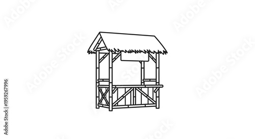 Hand-drawn illustration of a rustic bamboo market stall with thatched roof and blank sign