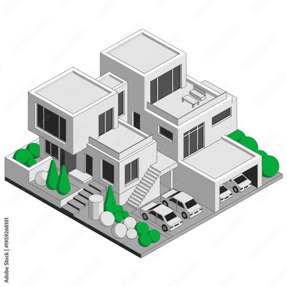 Fototapeta premium Isometric illustration of a modern, multi-story residential house with a garage and surrounding landscaping, featuring clean lines and geometric shapes.