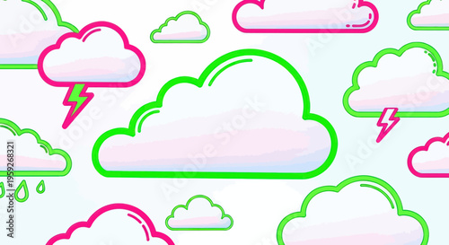 Colorful Cartoon Clouds and Lightning Bolts Illustration