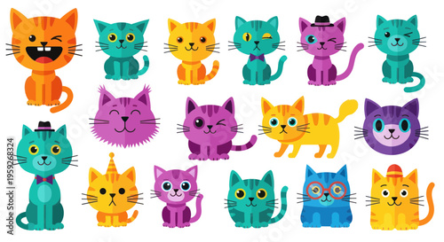 Cute Cartoon Cat Collection: Whimsical Feline Characters with Various Expressions