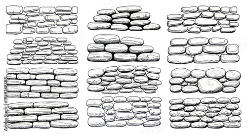 Hand-drawn stone wall textures and patterns