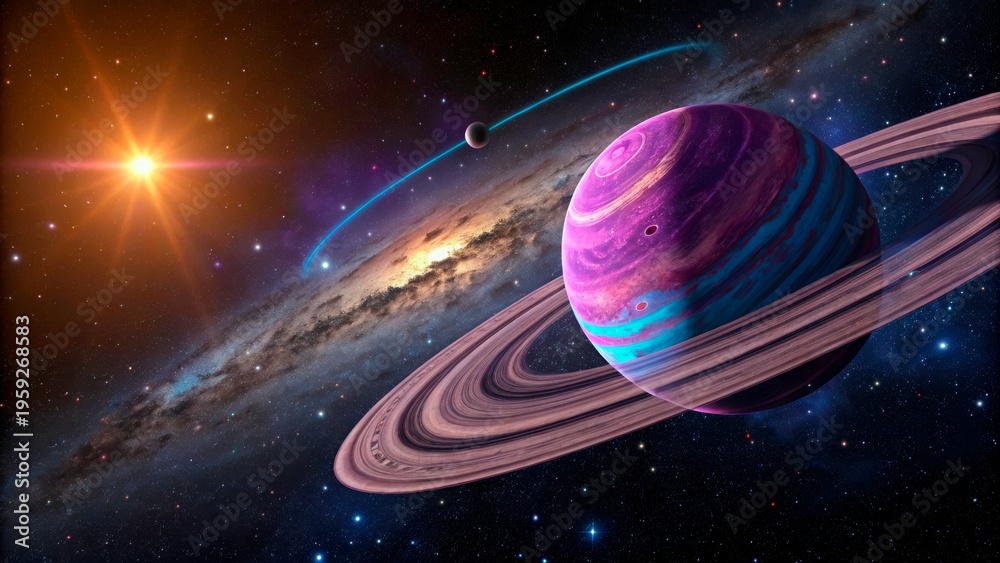 Naklejka premium Planet with rings and nearby star in outer space at night with galaxies in the background