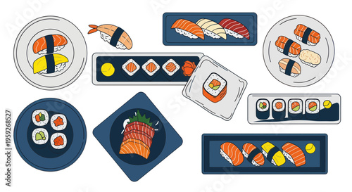 Assorted Sushi and Sashimi Collection - Japanese Food Illustration