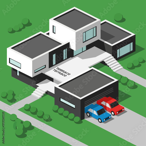 Modern architectural design of a multi-level house with a driveway and two cars parked outside.