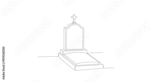 Grave marker with cross, cemetery tombstone, funeral stone, memorial, burial site, single line drawing