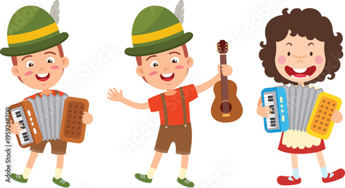 Boy and Girl Playing Accordion With Boy Wearing Lederhosen With Guitar Isolated Illustration
