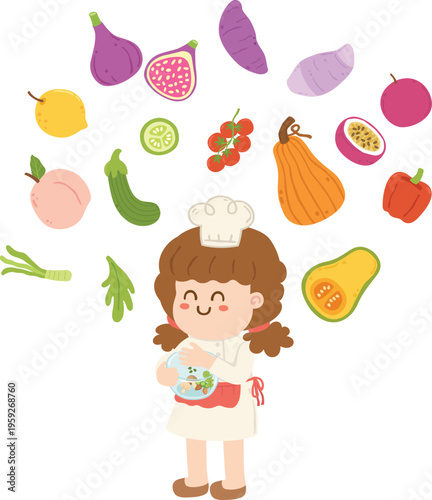 Child Chef Holding Bowl of Ingredients Set Isolated Illustration