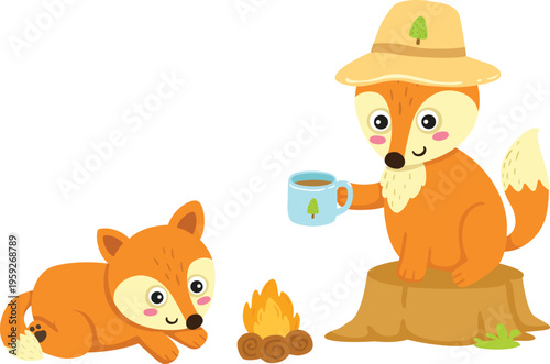 Cartoon Cute Fox Sitting Campfire Isolated Illustration