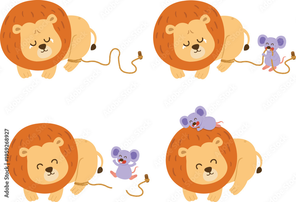 Fototapeta premium Cute Lion And Mouse Set Isolated Illustration