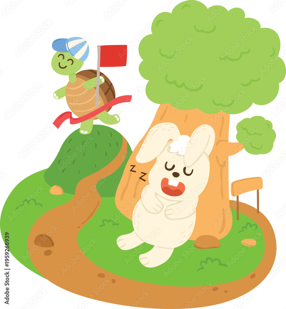 Fototapeta premium Turtle and Rabbit Running a Race