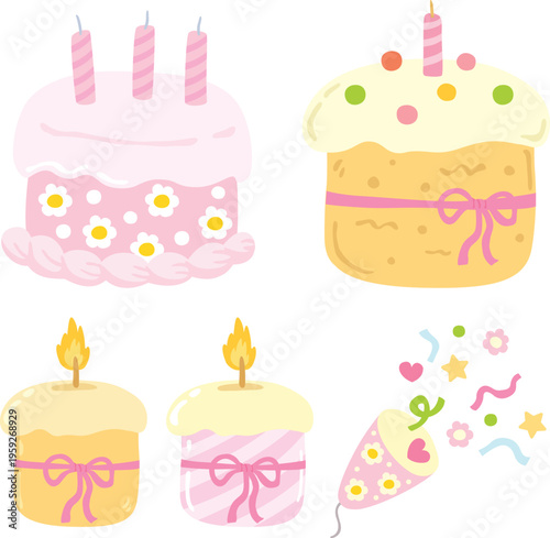 Birthday Cake with Candle and party popper Isolated Illustration