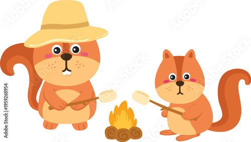 Two Squirrels Roasting Marshmallows Campfire