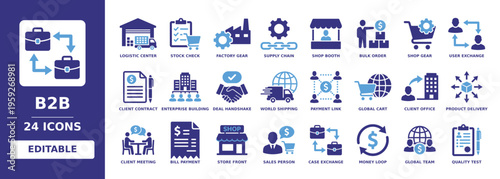 b2b solid vector glyph icon set featuring logistic center, supply chain, bulk order, client contract, deal handshake, product delivery, global cart, client meeting and enterprise building