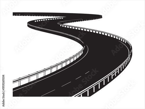 Curved road vector silhouette illustration, winding highway road, Road silhouette vector, winding street path icon illustration
