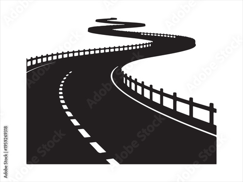 Curved road vector silhouette illustration, winding highway road, Road silhouette vector, winding street path icon illustration
