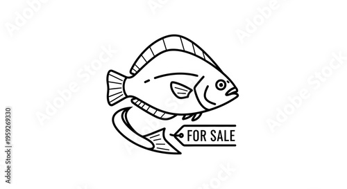Fish For Sale Icon: Hand-Drawn Illustration of a Fish with a "For Sale" Tag