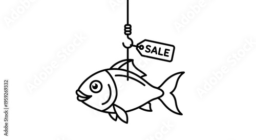 Fish on Hook with Sale Tag - Fishing for Bargains, Seafood Sale Concept