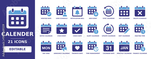 calender solid vector glyph icon set with verified date, user schedule, notification bell, sync calendar, app calendar, meeting time, day view, monthly calendar and time management