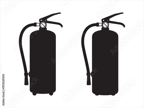 Two ire extinguisher silhouette icons, Black silhouette fire extinguisher vector icons, safety emergency equipment icon illustration
