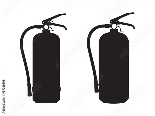 Two ire extinguisher silhouette icons, Black silhouette fire extinguisher vector icons, safety emergency equipment icon illustration
