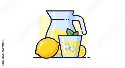Fresh lemonade in a glass with ice cubes and a pitcher surrounded by lemons on a table