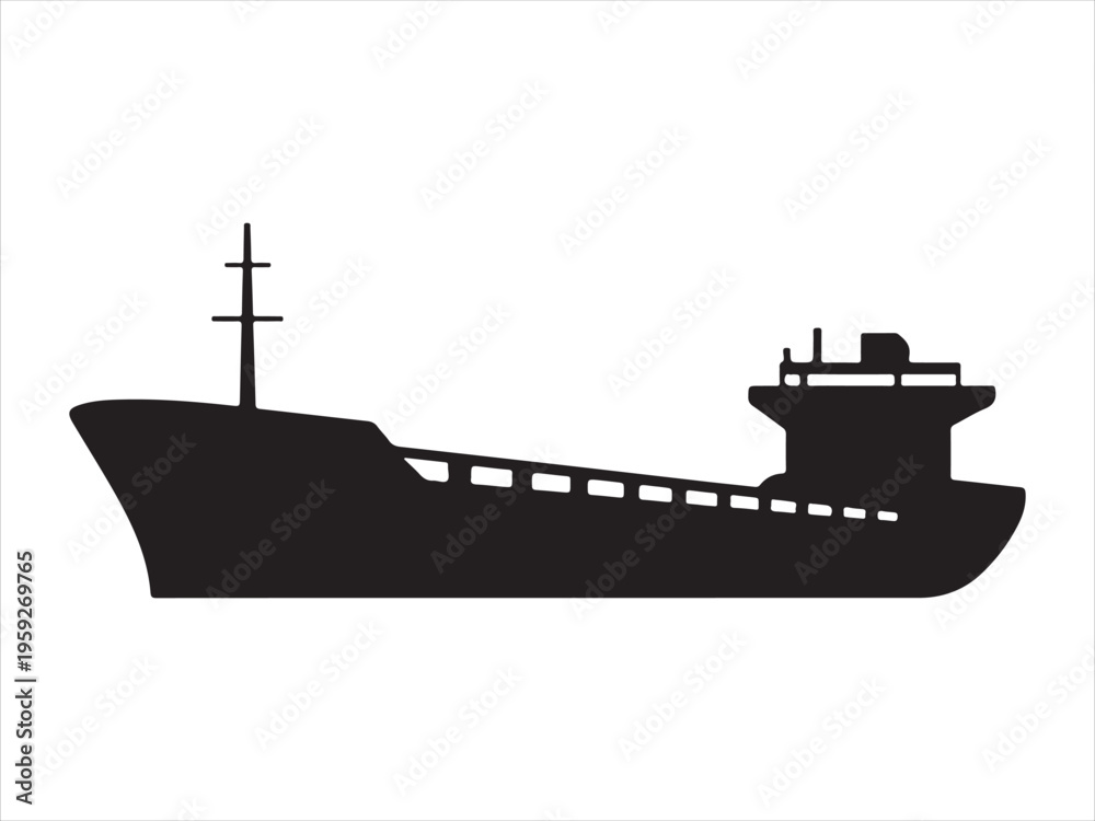 Obraz premium Detailed black cargo ship silhouette, Cargo Ship Silhouette Freight Vessel Marine Transport Vector Illustration