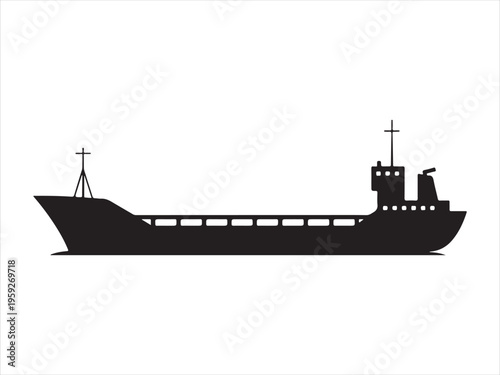 Detailed black cargo ship silhouette, Cargo Ship Silhouette Freight Vessel Marine Transport Vector Illustration