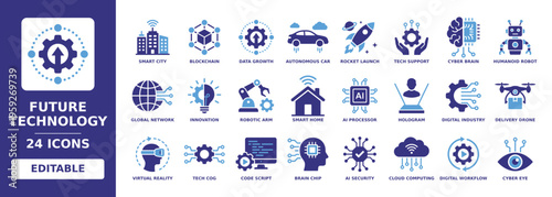 future technology solid vector glyph icon set with smart city, blockchain, autonomous car, rocket launch, humanoid robot, robotic arm, smart home, ai processor, hologram and virtual reality