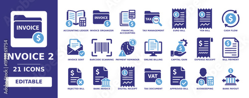 invoice 2 solid vector glyph icon set including accounting ledger, financial accounting, tax management, euro and yen bill, cash flow, barcode scanning, bank invoice and bookkeeping