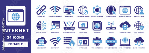 internet solid vector glyph icon set with global network, browser window, profile login, wireless router, web security, cloud server, firewall, vpn protection and world wide web