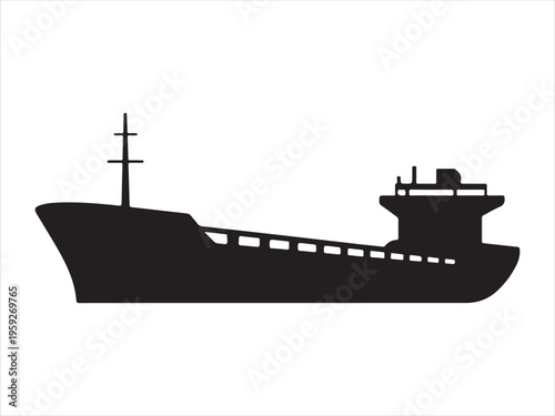 Detailed black cargo ship silhouette, Cargo Ship Silhouette Freight Vessel Marine Transport Vector Illustration