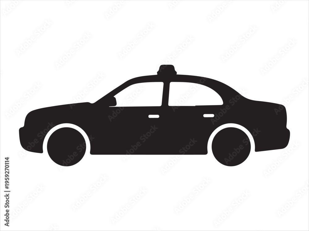 Fototapeta premium Black taxi car transport icon, Black Silhouette of a Taxi Cab, Taxi Car Silhouette Urban Transport Vehicle Vector Illustration