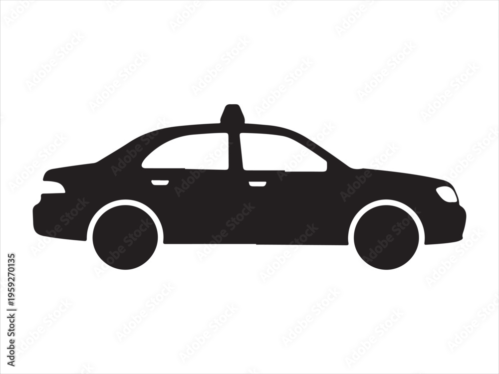Fototapeta premium Black taxi car transport icon, Black Silhouette of a Taxi Cab, Taxi Car Silhouette Urban Transport Vehicle Vector Illustration