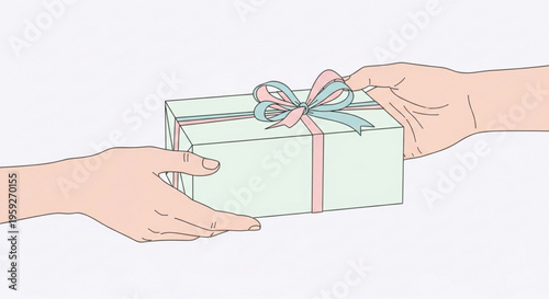 Two hands exchanging a gift box with pink ribbon and bow on white background symbolizing giving and receiving