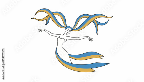 Elegant Woman with Flowing Blue and Gold Hair, Dancing Gracefully