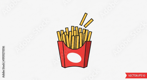 Cartoon french fries in red container with white logo on side vector illustration for food or snack concept