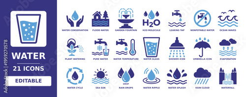 water solid vector glyph icon set with water conservation, flood, h2o molecule, ocean waves, rain drops, waterfall, leaking tap, shower icon, sea sun, water ripple and plant watering