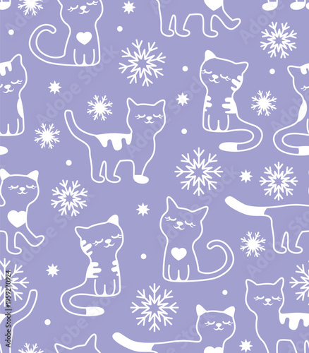 Cats and snowflakes seamless pattern. Vector illustration