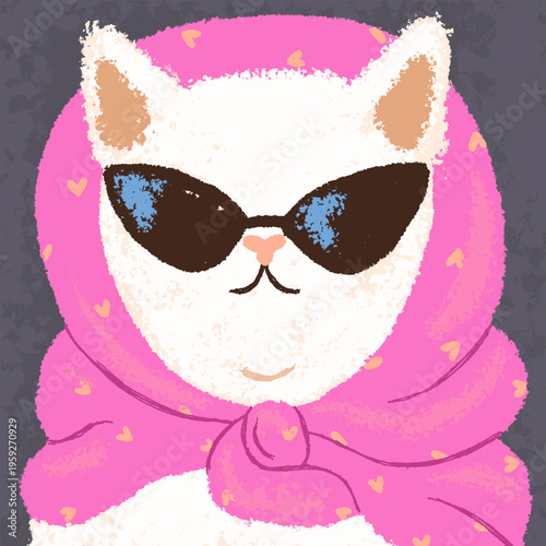 Fashion style cat wearing modern outfit, head scarf and sunglasses. Cute funny feline animal in headwear, stylish accessory, glasses. Female kitty in trendy apparel, portrait. Flat vector illustration
