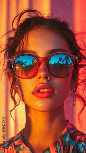 Stylish woman in reflective sunglasses with vibrant urban fashion portrait.