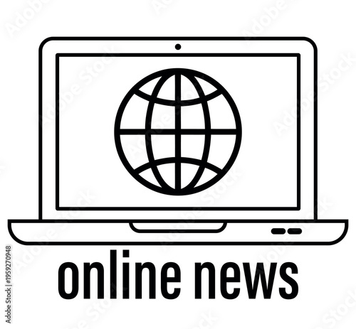 Online news icon, laptop with globe symbol on screen, digital journalism and internet media concept, vector illustration