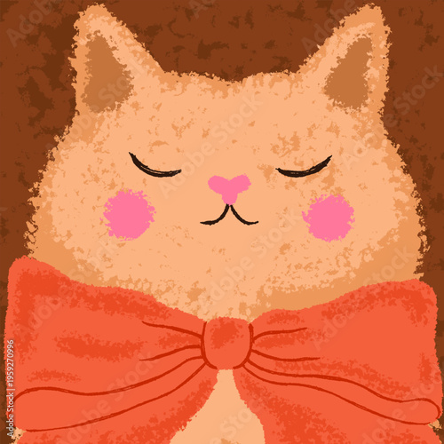 Cute funny cat with ribbon bow accessory on neck. Amusing cool kitty sleeping, eyes closed, head portrait, avatar. Adorable comic feline animal, furry pet character. Flat vector illustration